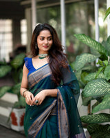 Outstanding Rama Soft Silk Saree With Snazzy Blouse Piece