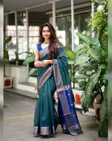 Outstanding Rama Soft Silk Saree With Snazzy Blouse Piece
