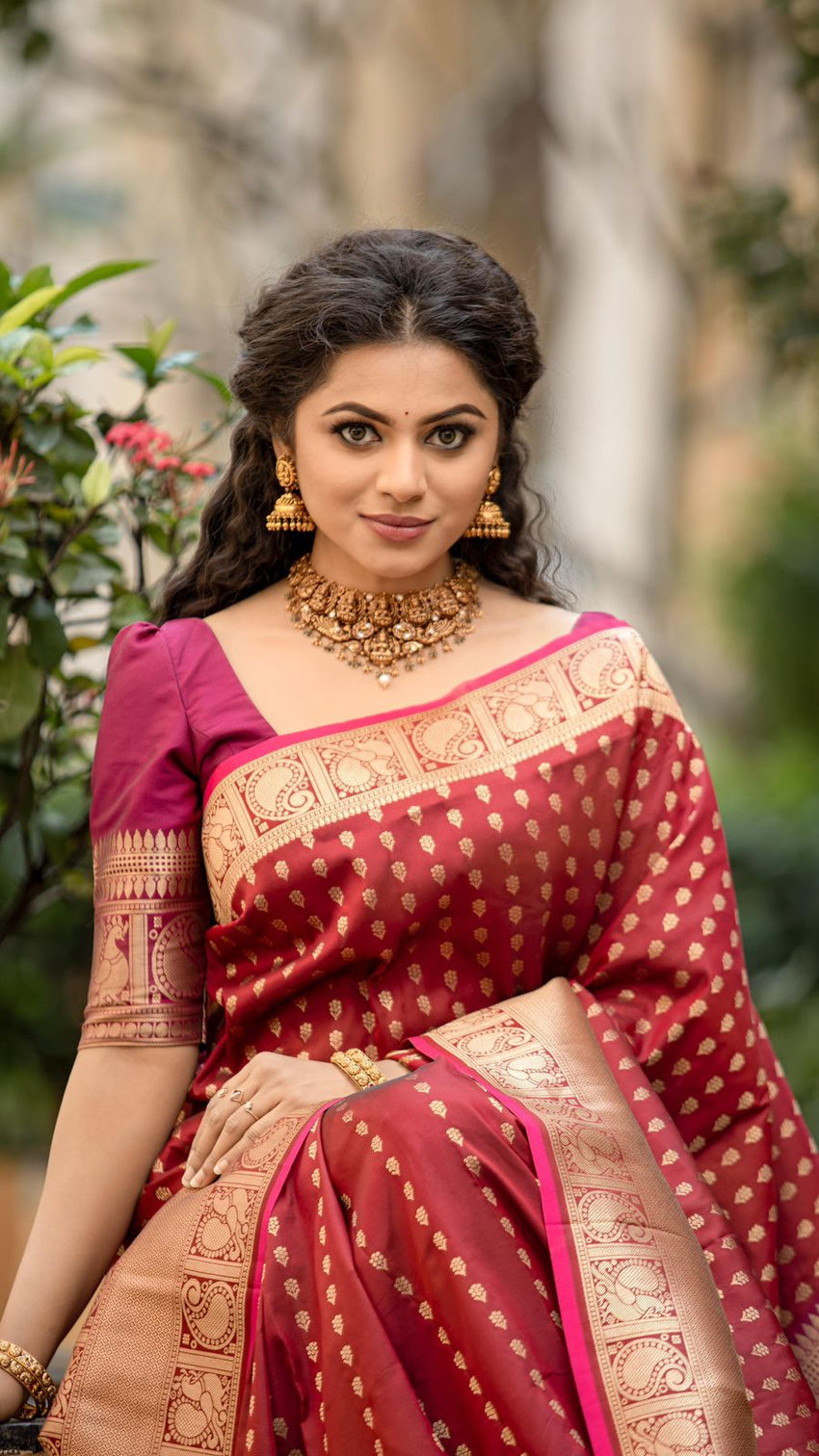 Super classy Maroon Soft Banarasi Silk Saree With Adoring Blouse Piece