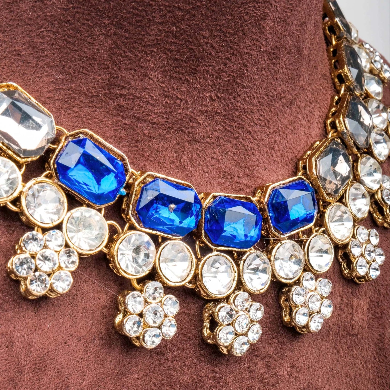 American Dimond Blue Polki Shape Necklace Alloy Gold-plated Jewel Set