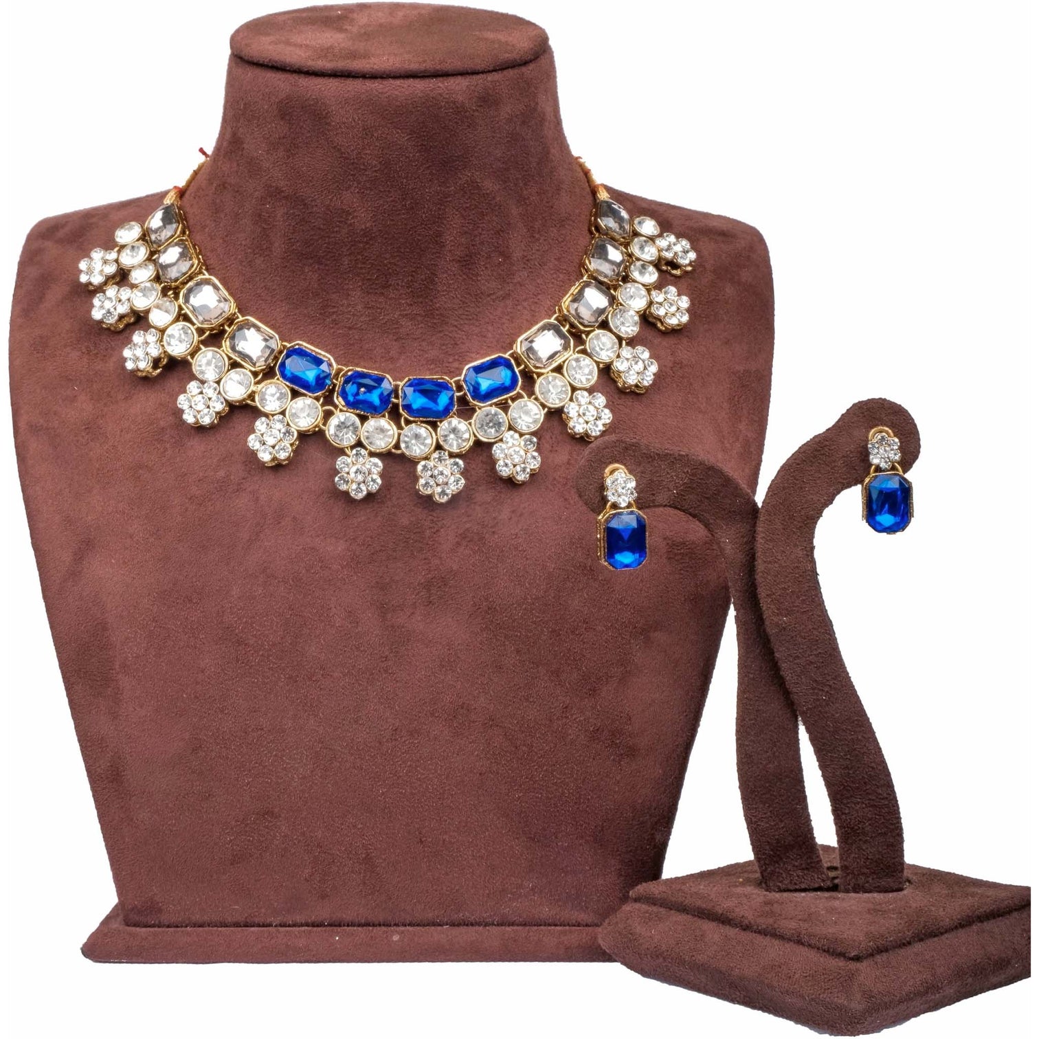 American Dimond Blue Polki Shape Necklace Alloy Gold-plated Jewel Set