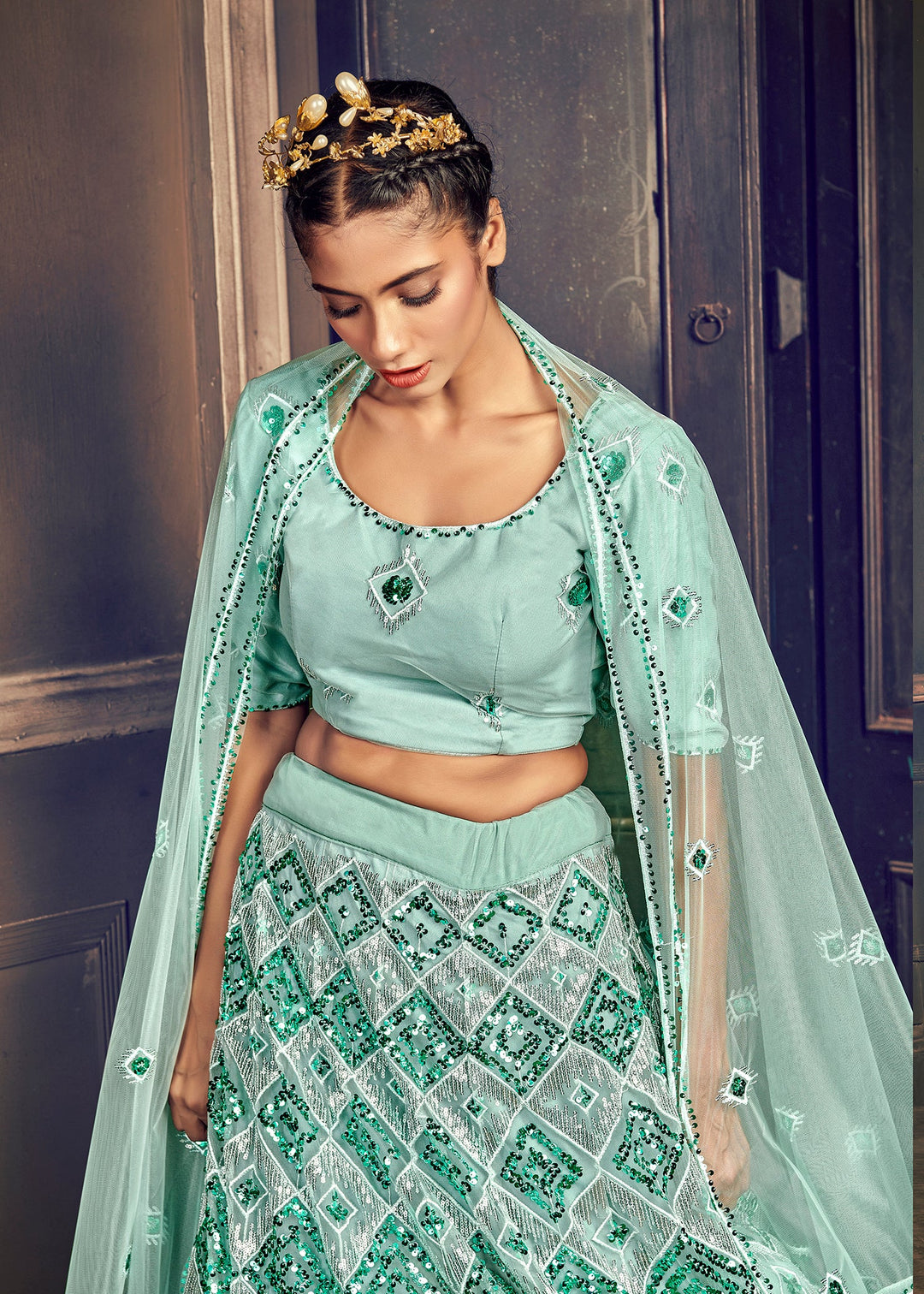 Appealing Turquoise Blue Georgette Embroidered Ghagra Choli With Dupatta