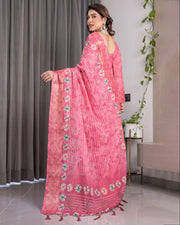 Artisan Rose Pink Handloom Linen Saree with Bandhani Inspired Floral Print