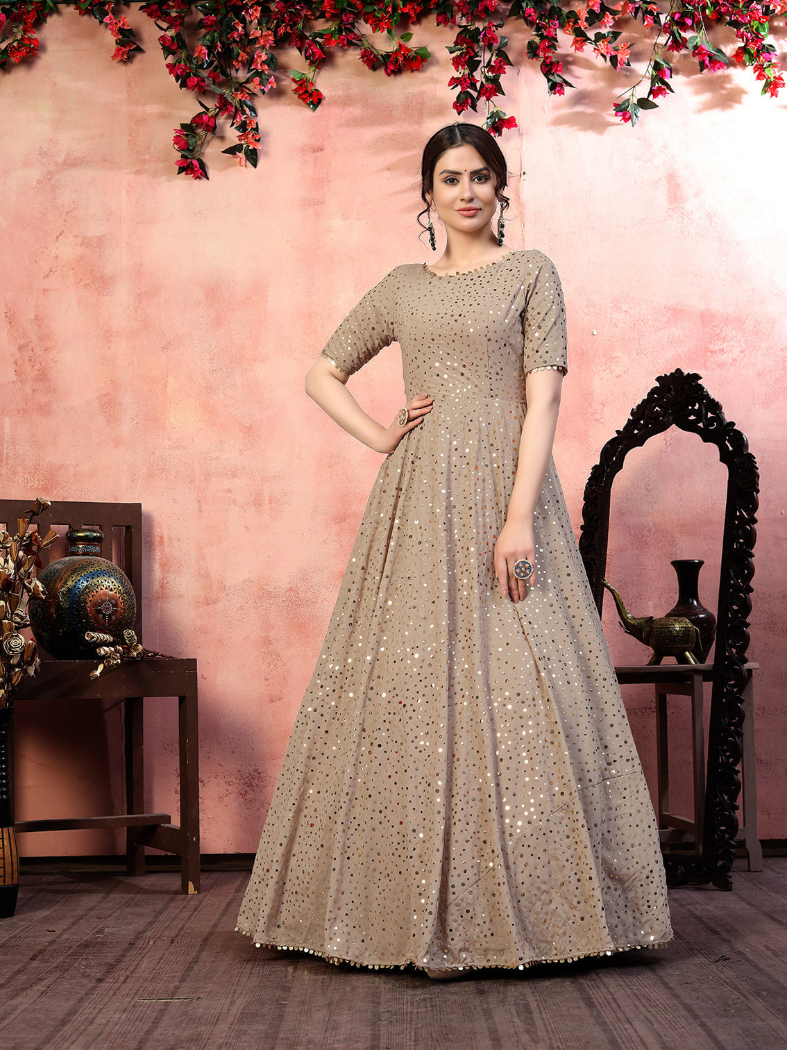 Astonishing Beige Color Georgette Base Fancy Sequins Work Gown