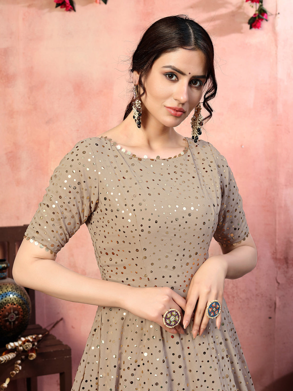Astonishing Beige Color Georgette Base Fancy Sequins Work Gown