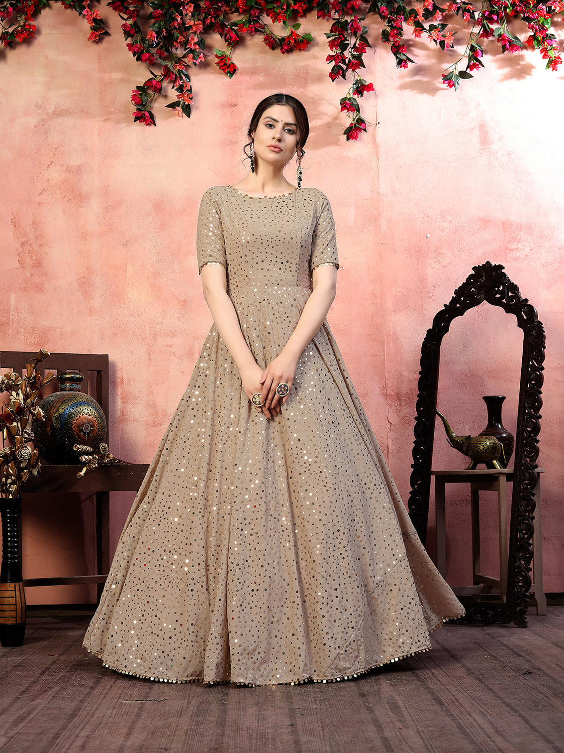 Astonishing Beige Color Georgette Base Fancy Sequins Work Gown