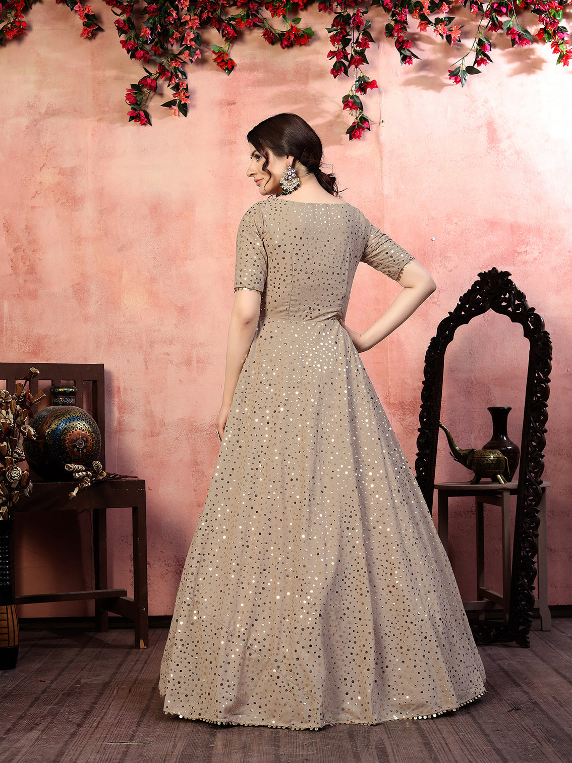Astonishing Beige Color Georgette Base Fancy Sequins Work Gown