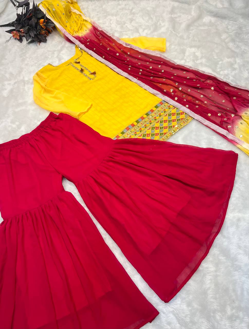 Impressive Yellow and Pink Color Sequence Embroidery Work Sharara Suit