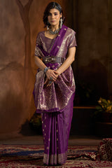 Skinny Wine Soft Banarasi Silk Saree With Staggering Blouse Piece