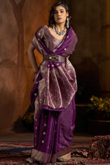 Skinny Wine Soft Banarasi Silk Saree With Staggering Blouse Piece
