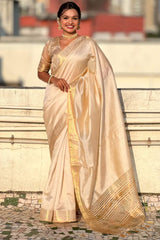 Proficient Beige Pure Zari Weaving Banarasi Silk Saree With Exuberant Blouse Piece