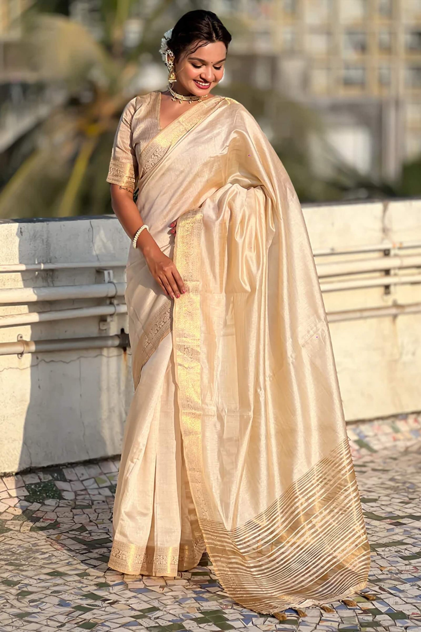Proficient Beige Pure Zari Weaving Banarasi Silk Saree With Exuberant Blouse Piece