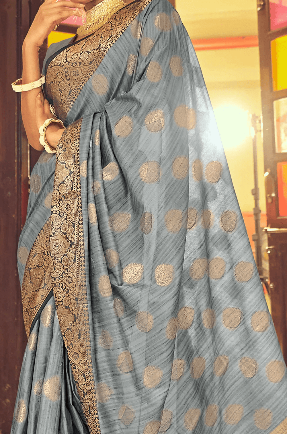 Improbable Grey Soft Banarasi Silk Saree With Stunning Blouse Piece