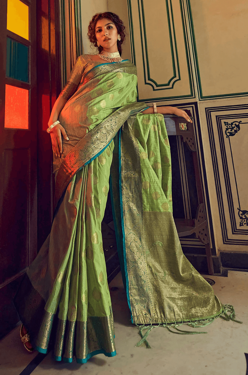 Devastating Pista Soft Banarasi Silk Saree With Majesty Blouse Piece