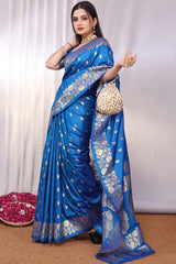 Conflate Firozi Soft Banarasi Silk Saree With Innovative Blouse Piece