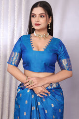 Conflate Firozi Soft Banarasi Silk Saree With Innovative Blouse Piece