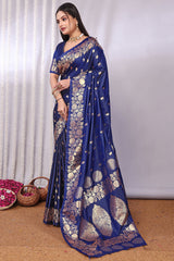 Bucolic Navy Blue Soft Banarasi Silk Saree With Desiring Blouse Piece