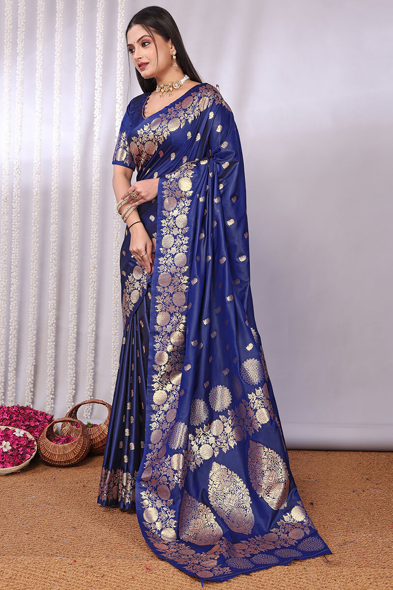 Bucolic Navy Blue Soft Banarasi Silk Saree With Desiring Blouse Piece