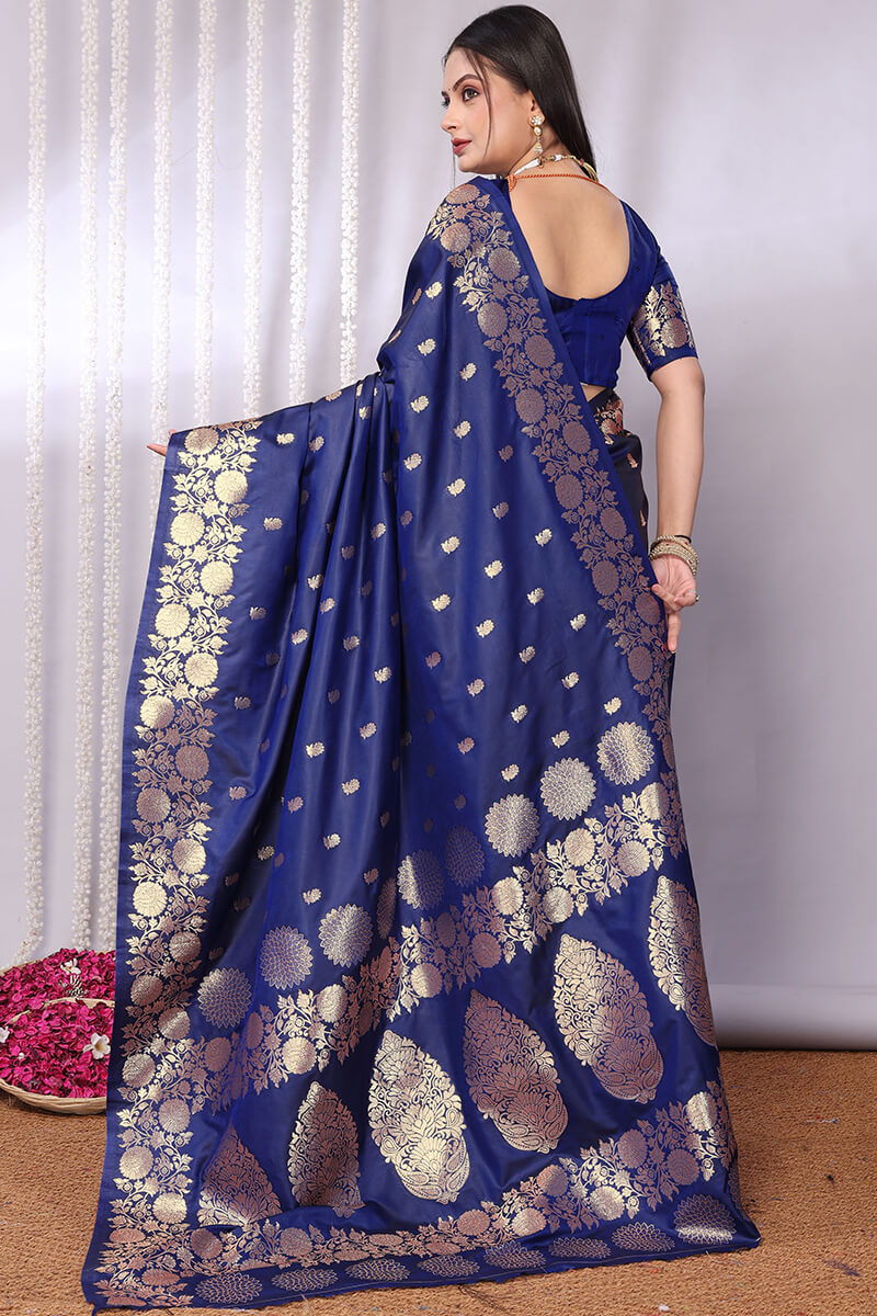 Bucolic Navy Blue Soft Banarasi Silk Saree With Desiring Blouse Piece