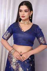 Bucolic Navy Blue Soft Banarasi Silk Saree With Desiring Blouse Piece