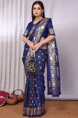 Bucolic Navy Blue Soft Banarasi Silk Saree With Desiring Blouse Piece