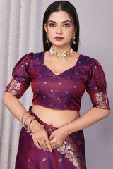 Forbearance Wine Soft Banarasi Silk Saree With Demanding Blouse Piece
