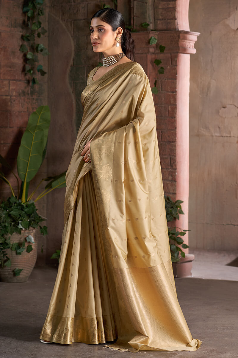 Prominent Beige Pure Zari Weaving Banarasi Silk Saree With Magnetic Blouse Piece