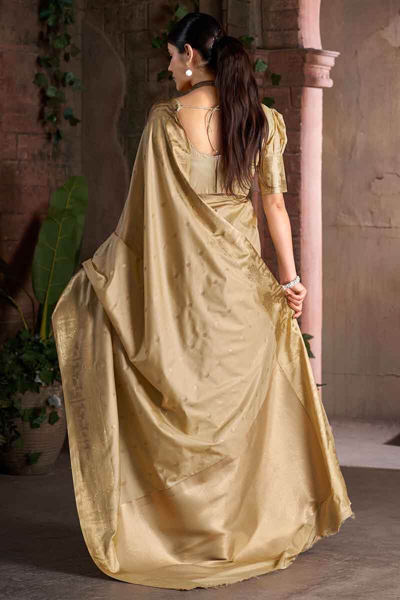 Prominent Beige Pure Zari Weaving Banarasi Silk Saree With Magnetic Blouse Piece