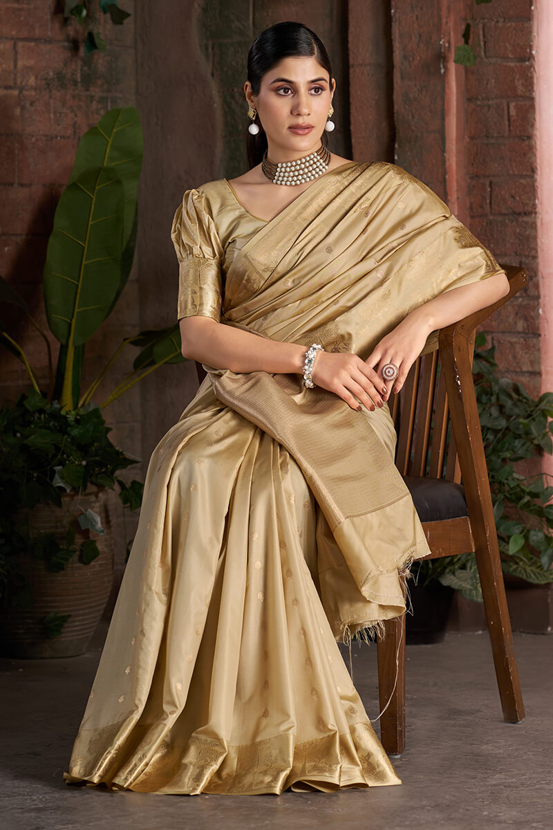 Prominent Beige Pure Zari Weaving Banarasi Silk Saree With Magnetic Blouse Piece
