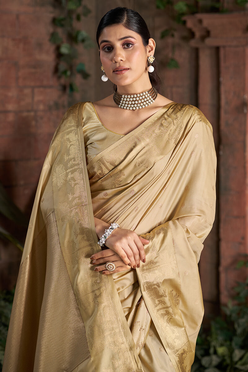 Prominent Beige Pure Zari Weaving Banarasi Silk Saree With Magnetic Blouse Piece