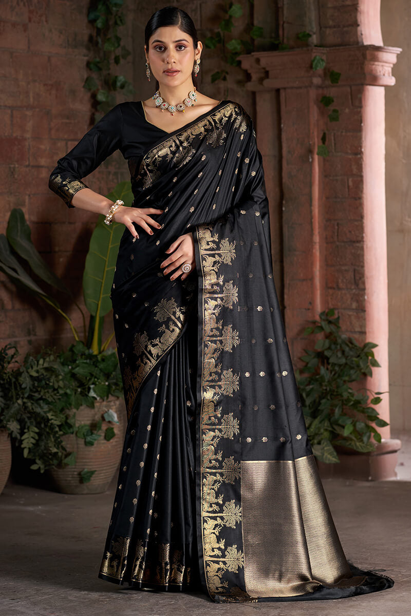 Lovely Black Pure Zari Weaving Banarasi Silk Saree With Gorgeous Blouse Piece