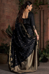 Lovely Black Pure Zari Weaving Banarasi Silk Saree With Gorgeous Blouse Piece