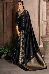 Lovely Black Pure Zari Weaving Banarasi Silk Saree With Gorgeous Blouse Piece