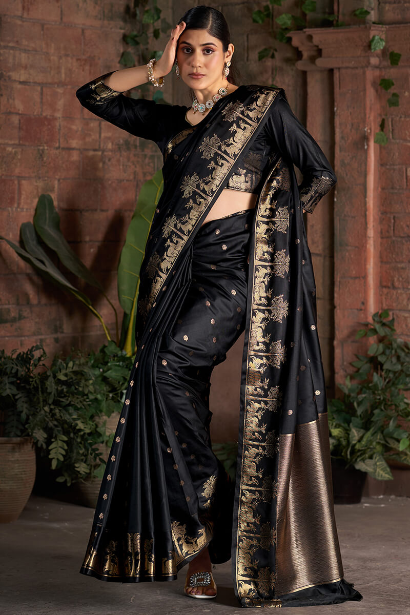 Lovely Black Pure Zari Weaving Banarasi Silk Saree With Gorgeous Blouse Piece