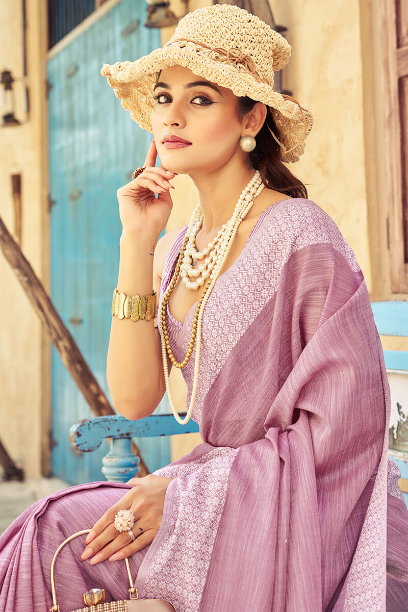 Rhapsody Lavender Lucknowi Silk Saree With Petrichor Blouse Piece