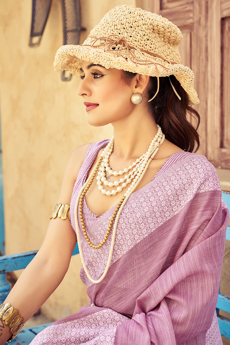 Rhapsody Lavender Lucknowi Silk Saree With Petrichor Blouse Piece