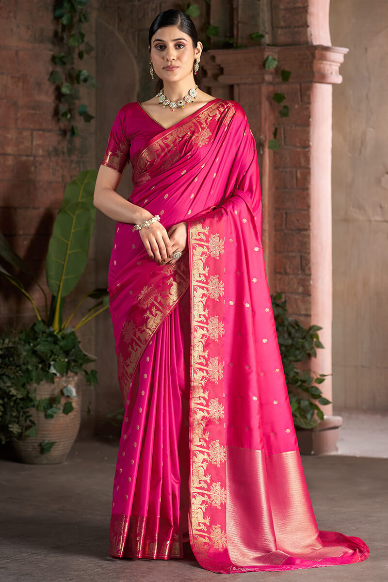 Eclat Dark Pink Pure Zari Weaving Banarasi Silk Saree With Jubilant Blouse Piece