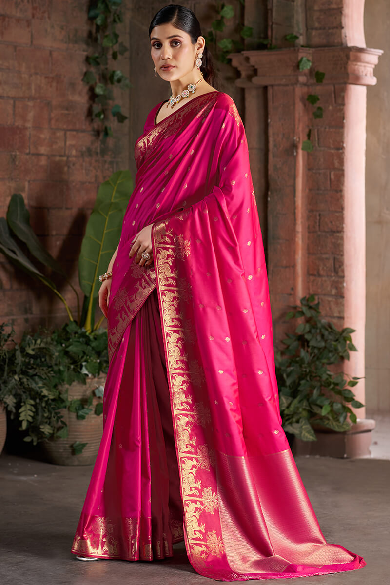 Eclat Dark Pink Pure Zari Weaving Banarasi Silk Saree With Jubilant Blouse Piece