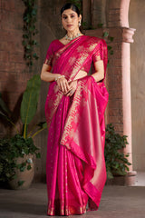 Eclat Dark Pink Pure Zari Weaving Banarasi Silk Saree With Jubilant Blouse Piece