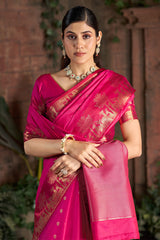 Eclat Dark Pink Pure Zari Weaving Banarasi Silk Saree With Jubilant Blouse Piece