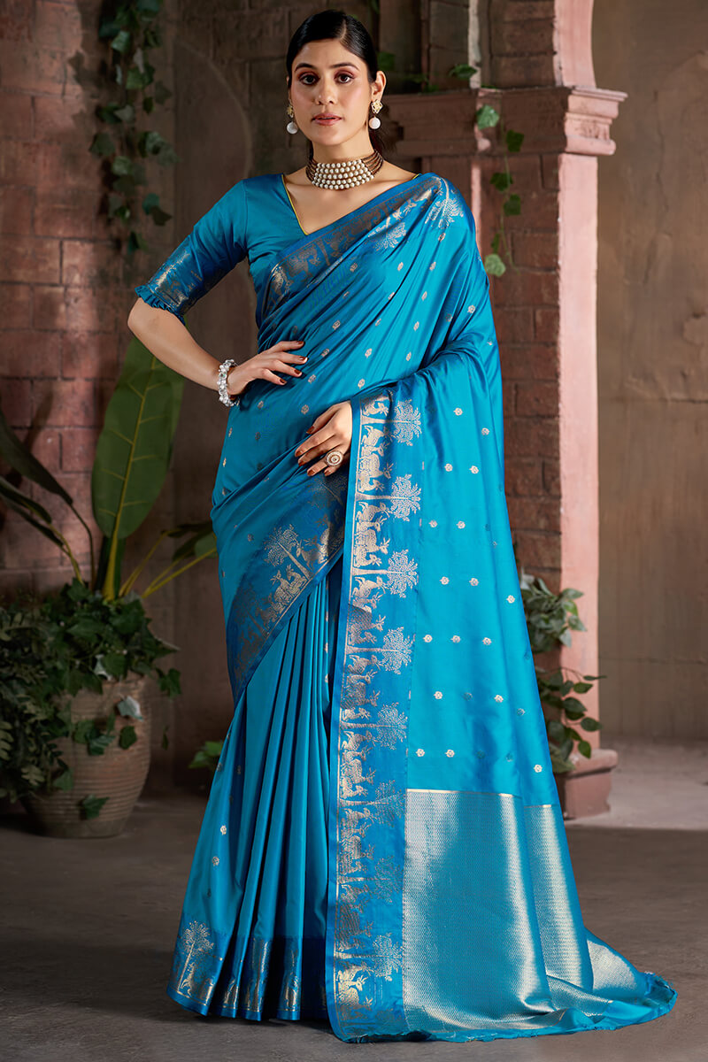 Adorable Firozi Pure Zari Weaving Banarasi Silk Saree With Dalliance Blouse Piece