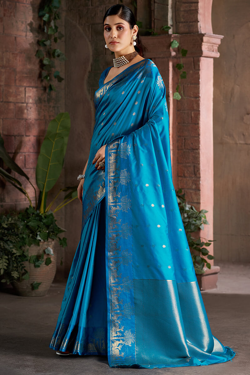 Adorable Firozi Pure Zari Weaving Banarasi Silk Saree With Dalliance Blouse Piece