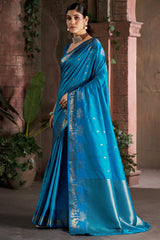 Adorable Firozi Pure Zari Weaving Banarasi Silk Saree With Dalliance Blouse Piece