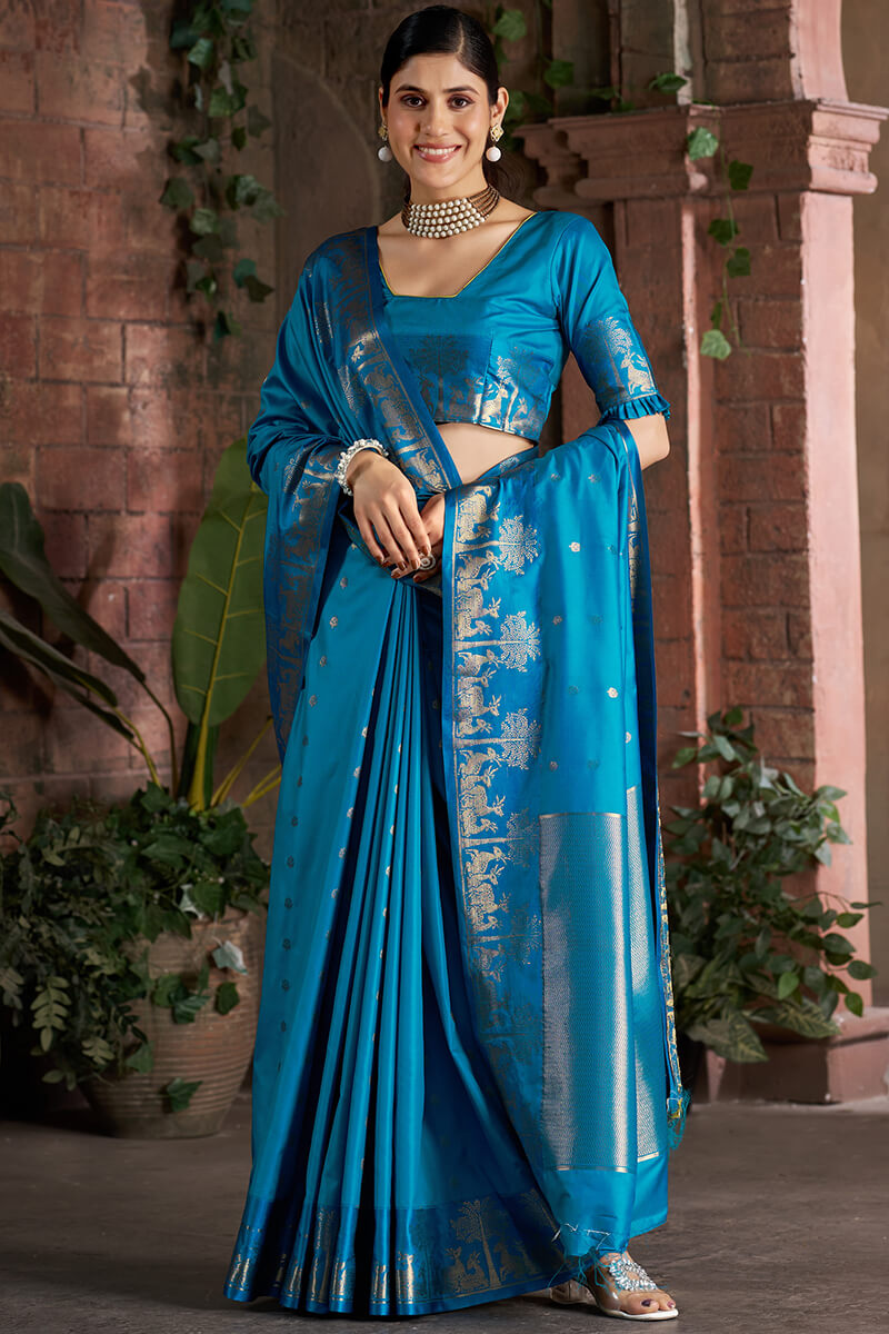 Adorable Firozi Pure Zari Weaving Banarasi Silk Saree With Dalliance Blouse Piece