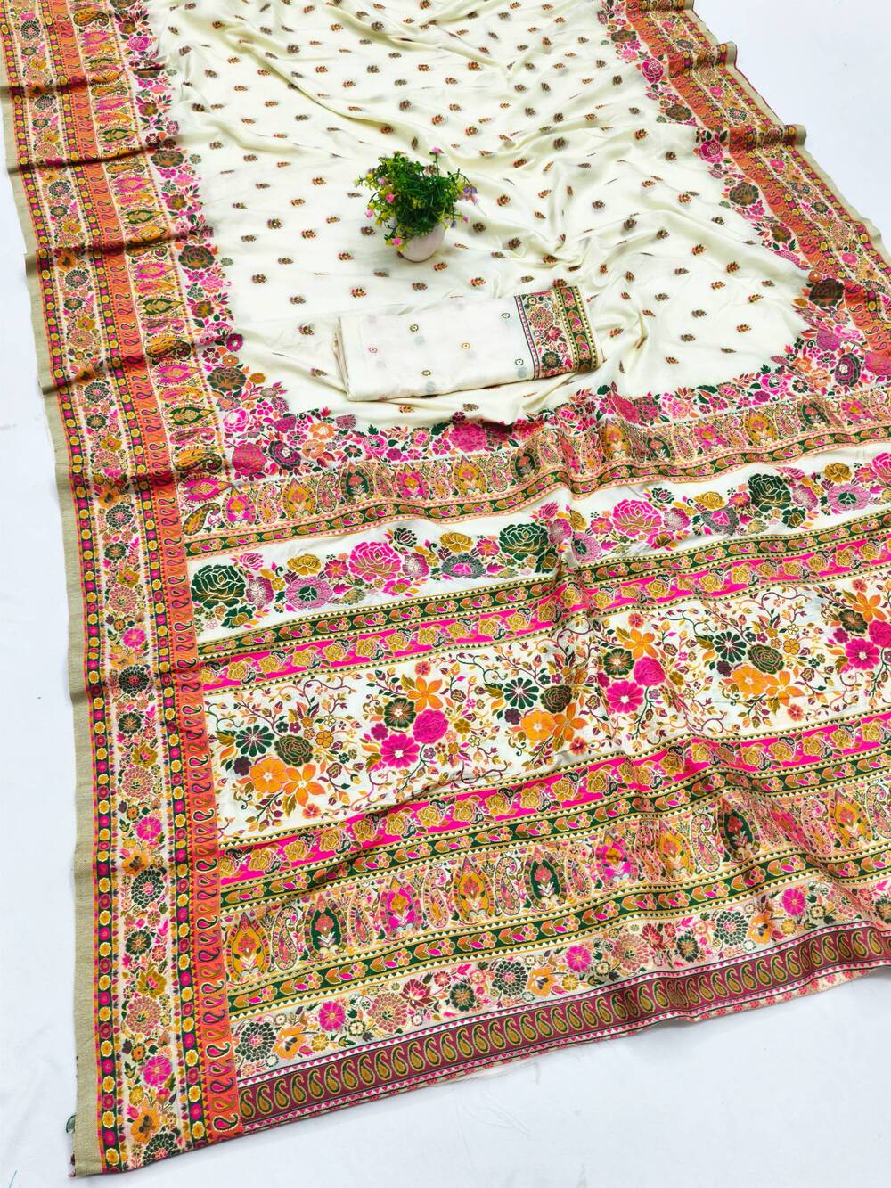 Majesty Beige Nylon Dola Pashmina Saree With Innovative Blouse Piece