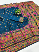 Exquisite Blue Nylon Dola Pashmina Saree With Lustrous Blouse Piece