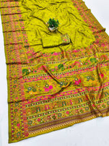 Ethnic Mehndi Nylon Dola Pashmina Saree With Quixotic Blouse Piece