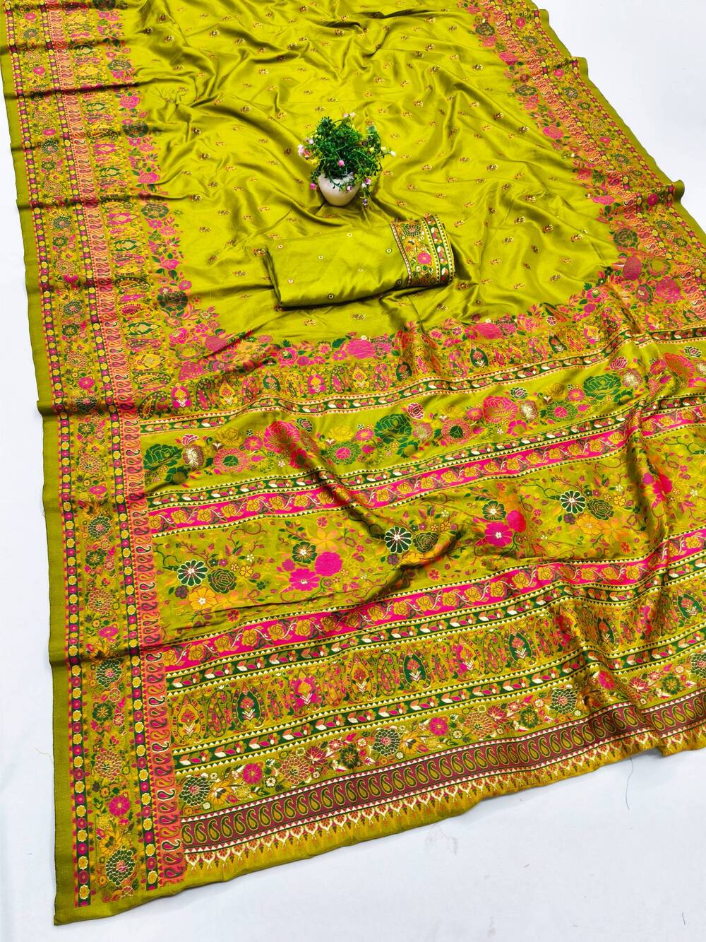 Ethnic Mehndi Nylon Dola Pashmina Saree With Quixotic Blouse Piece
