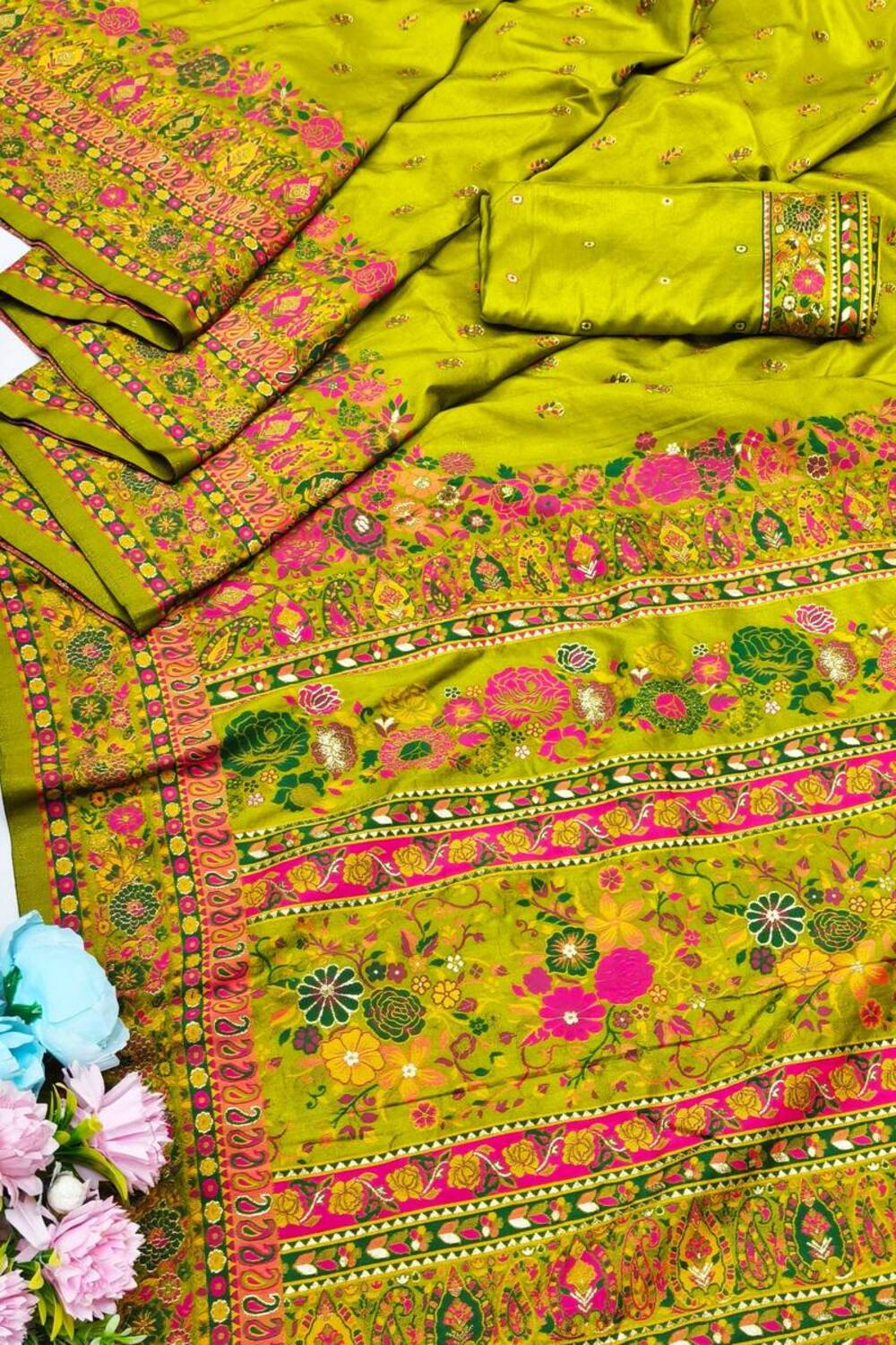Ethnic Mehndi Nylon Dola Pashmina Saree With Quixotic Blouse Piece