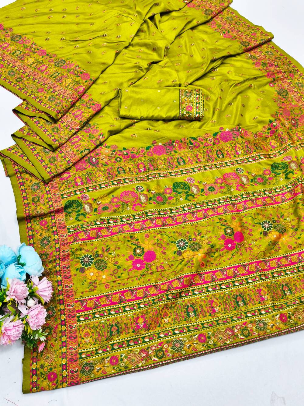 Ethnic Mehndi Nylon Dola Pashmina Saree With Quixotic Blouse Piece